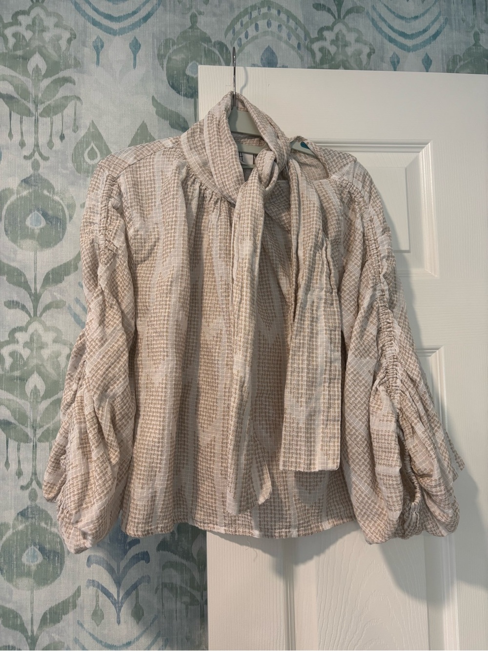Women's Cream Textured Tie-Neck Blouse 100% cotton